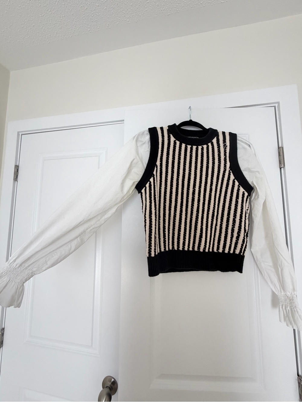 French Connection Black and Cream Striped Knit Vest
